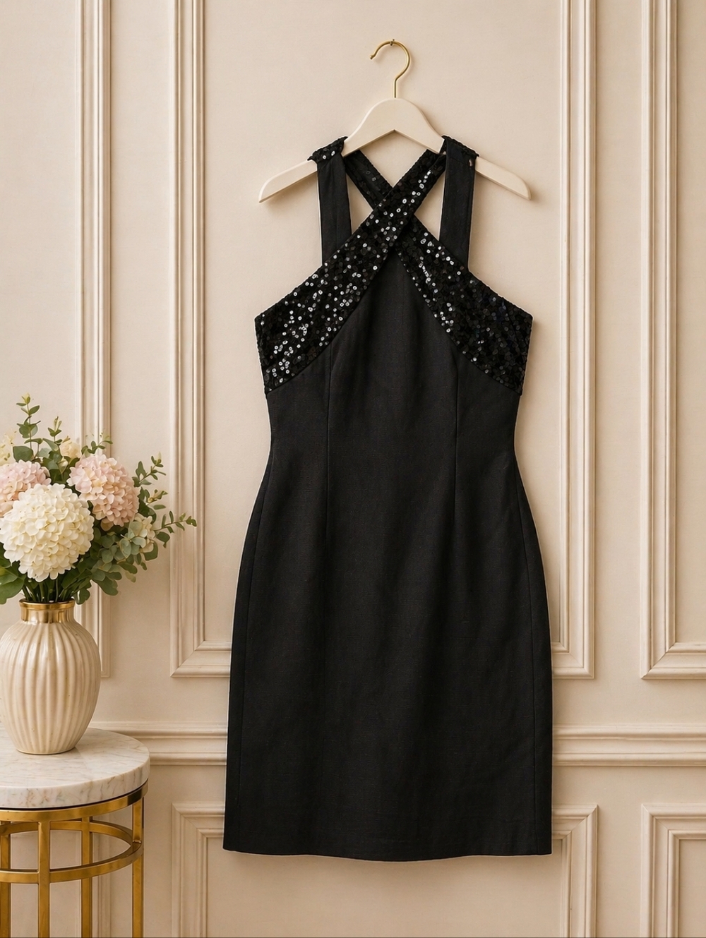 Albert Nipon Small Black  Sequin Sheath Dress